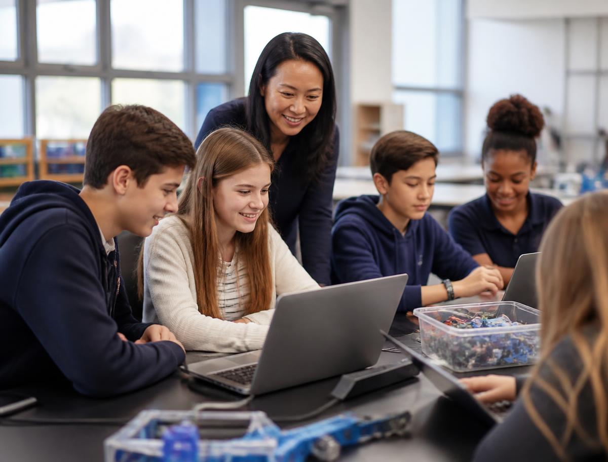 Students working together on laptops while an educator guides them in a bright classroom
