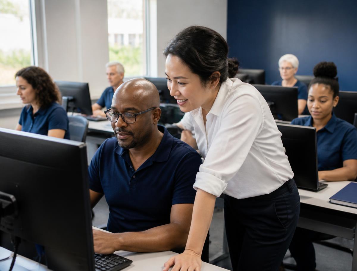 An instructor helping an adult learner at a computer in a workforce training center